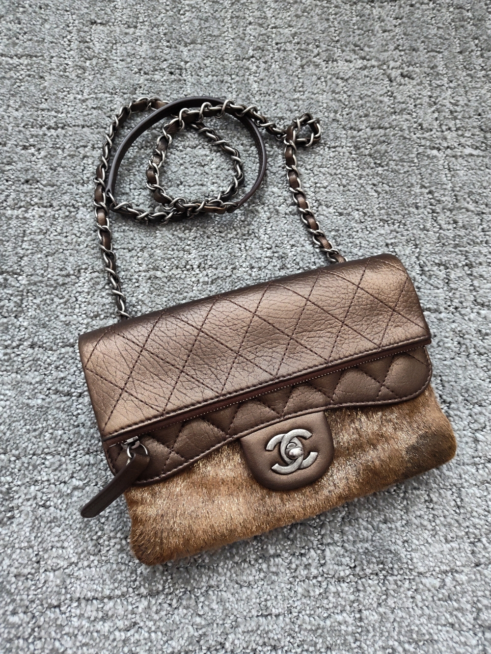 Chanel Paris-Salzburg Brown Metallic Leather & Pony Crossbody Bag